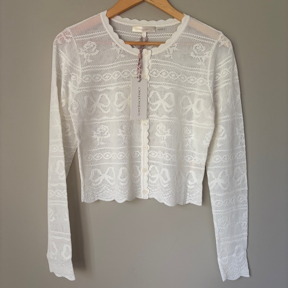 NWT Loveshackfancy Gretta Pointelle Knit Bow Cardigan Ivory White | S - Picture 7 of 13